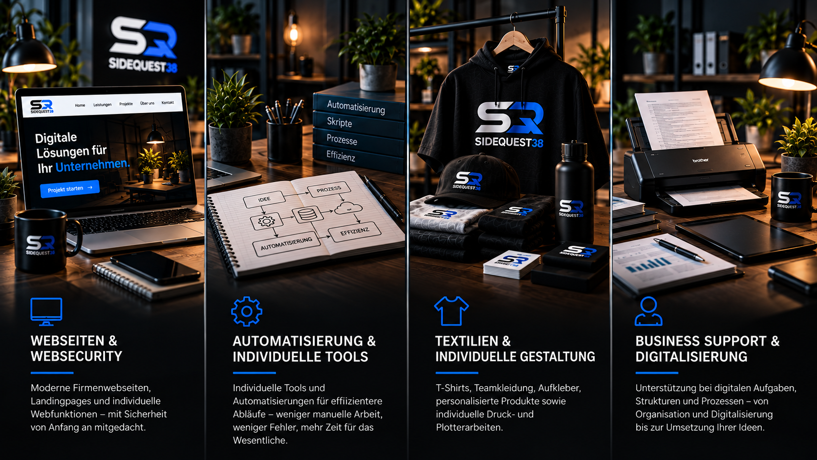 SIDEQUEST38 Leistungen: Webseiten, Automatisierung, Textilien und Business Support